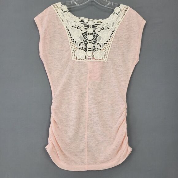 Candies Pink Preppy Bodycon Shirt Lace Gathers Cap Sleeves NEW $34 Womens Size S - Picture 2 of 7